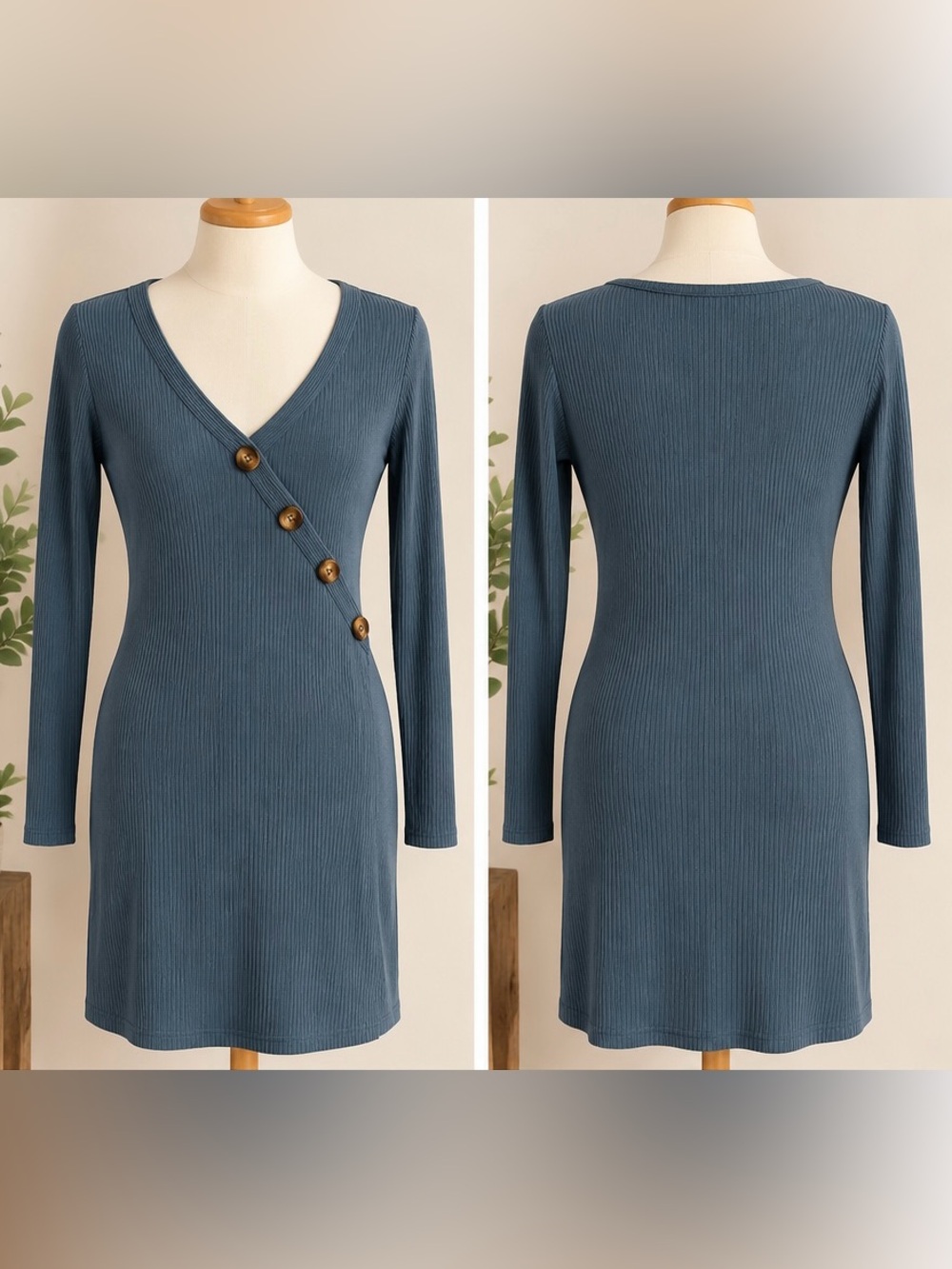 Alya Slate Blue Ribbed Faux Wrap Dress S Button Front Long Sleeve Stretch